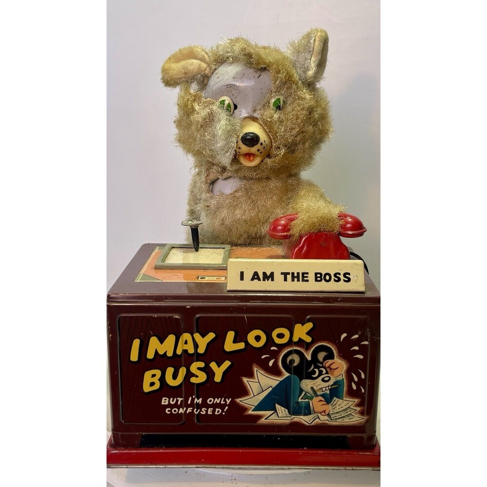 Linemar Tin Toy "I Am The Boss" Drinking Writing Bear Japan 1950s AS-IS - Picture 10 of 15